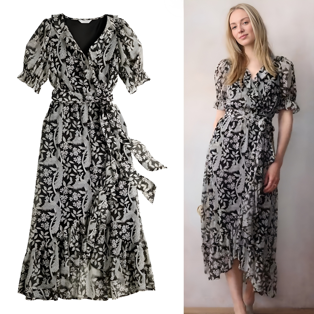 LC Lauren Conrad Ruffled Wrap Midi Dress Formal Brunch Party Dinner Date Xsmall